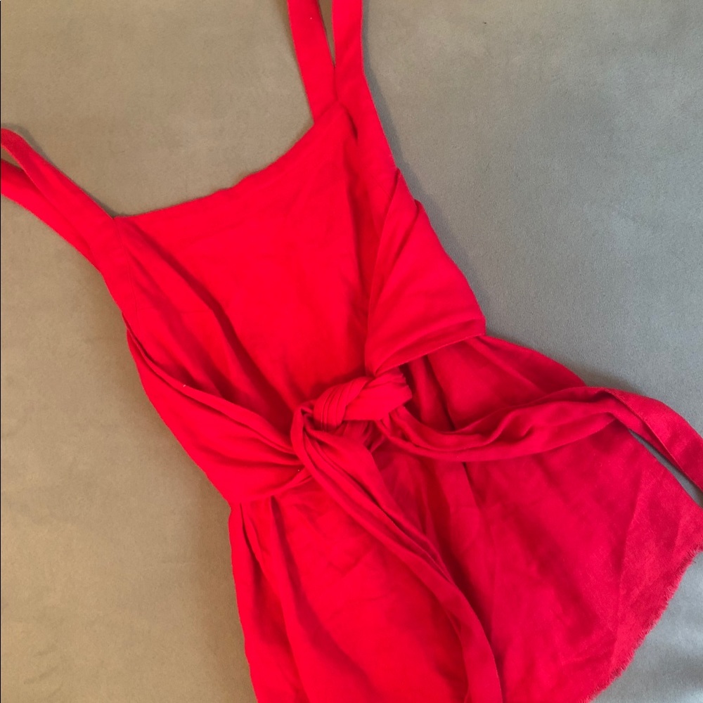 Tie Front Linen Blend Tank Top - Red